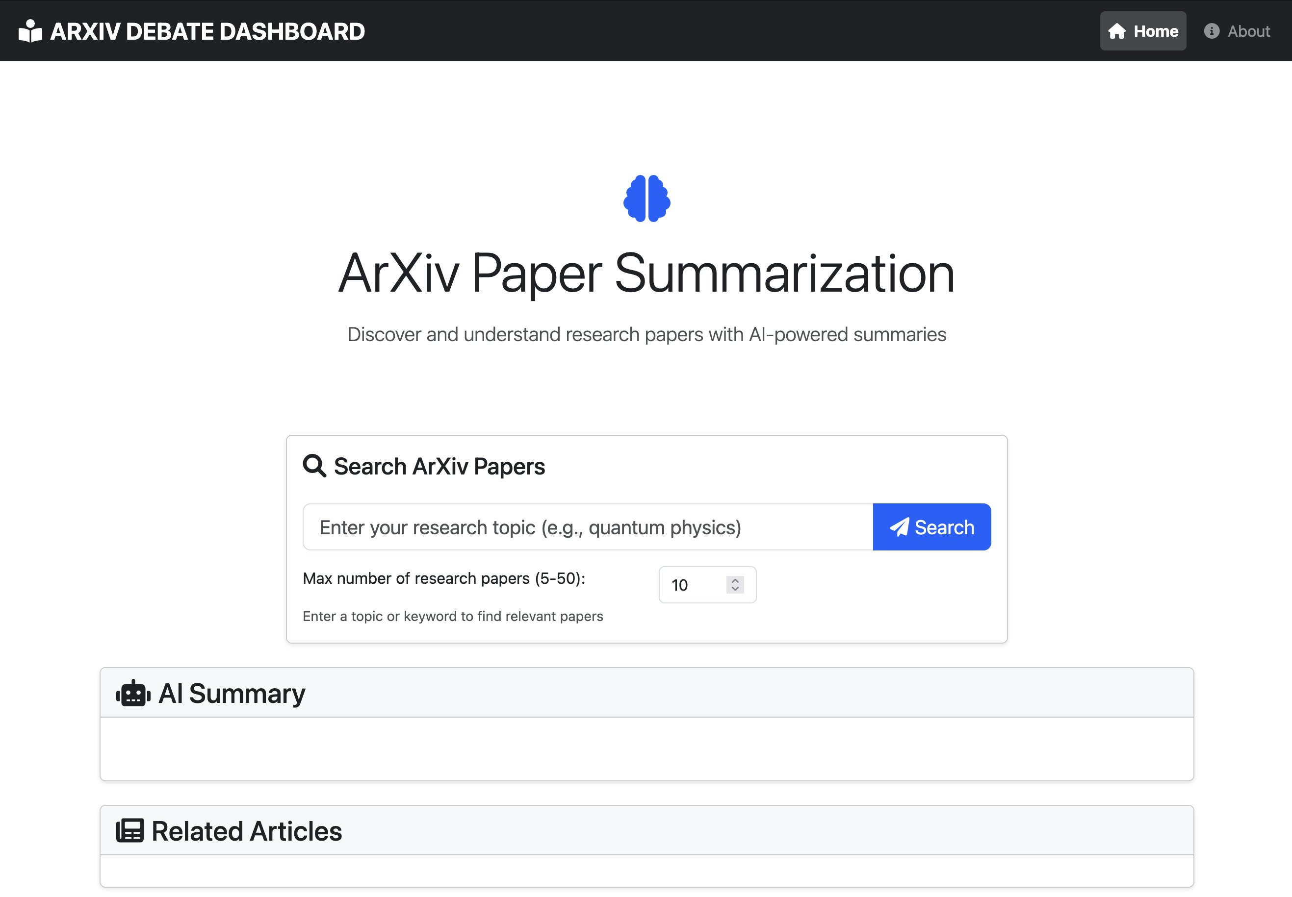 Arxiv Debate Summarization Platform Screenshot